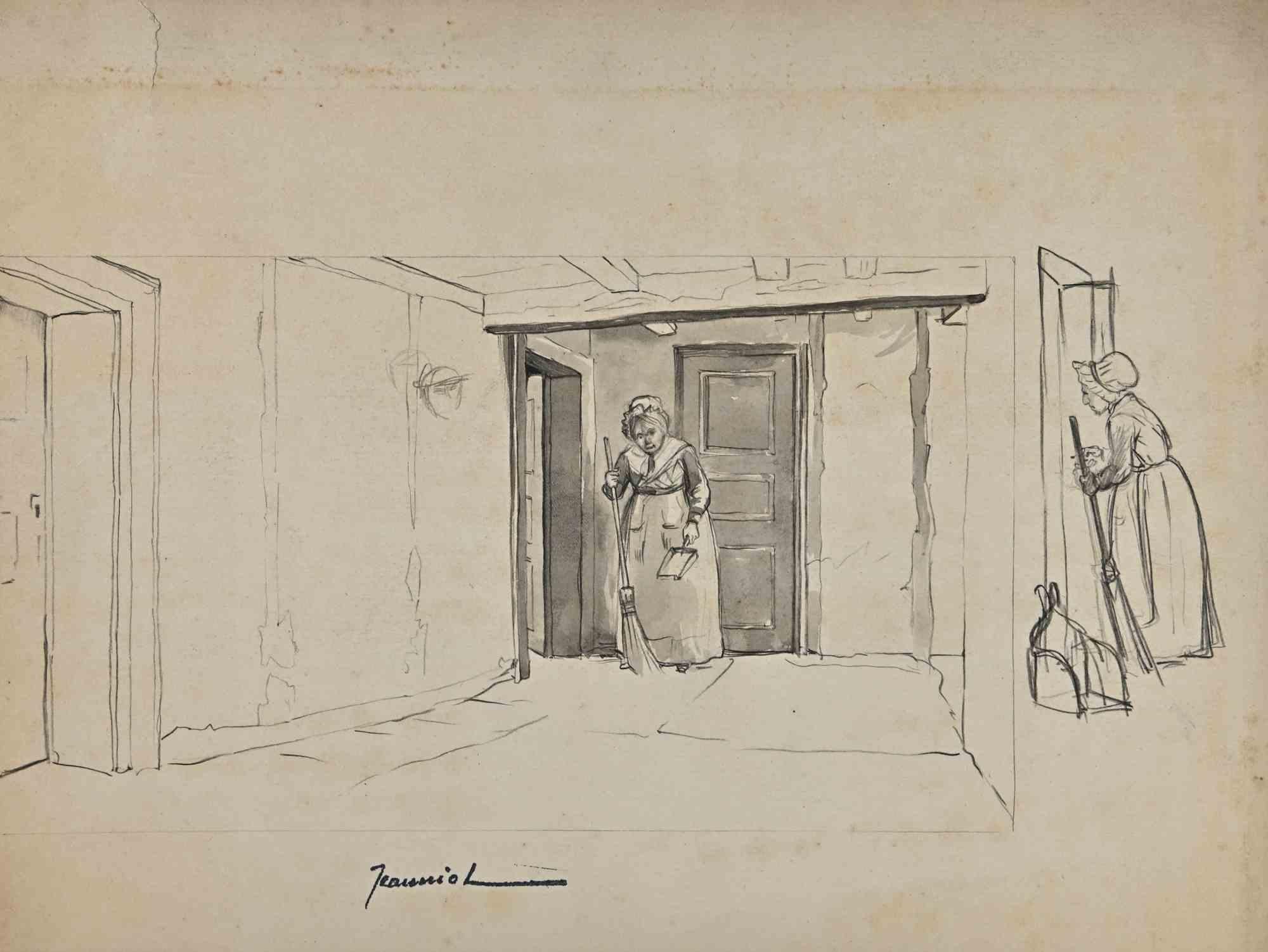 Reinigung  Of the House - Zeichnung von Pierre Georges Jeanniot- Anfang des 20. Jahrhunderts