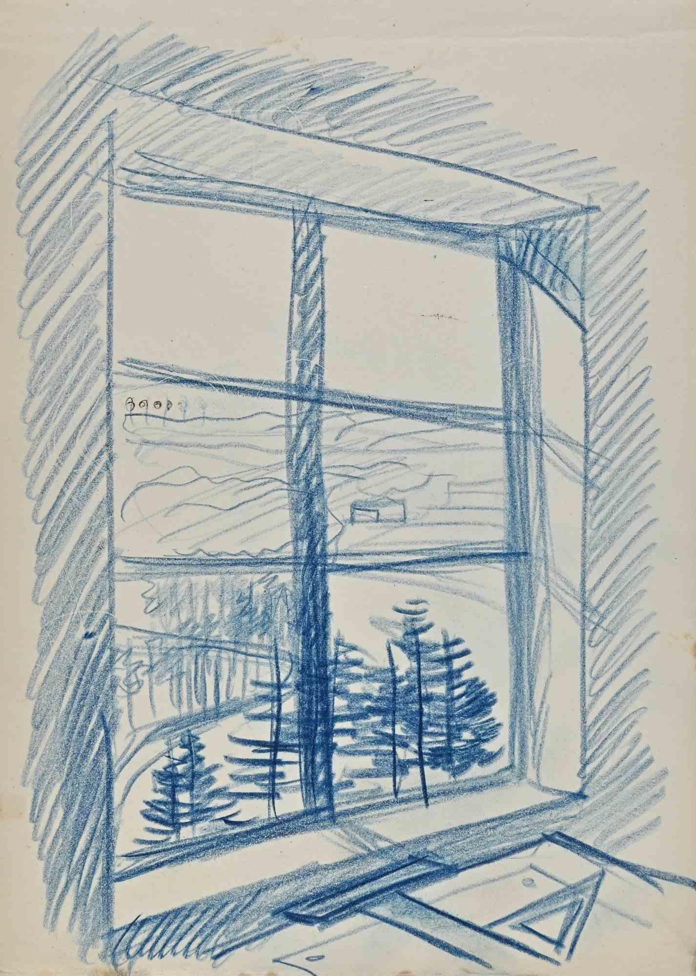 The Windows - Pencil Drawing By Norbert Meyre-Early 20th Century