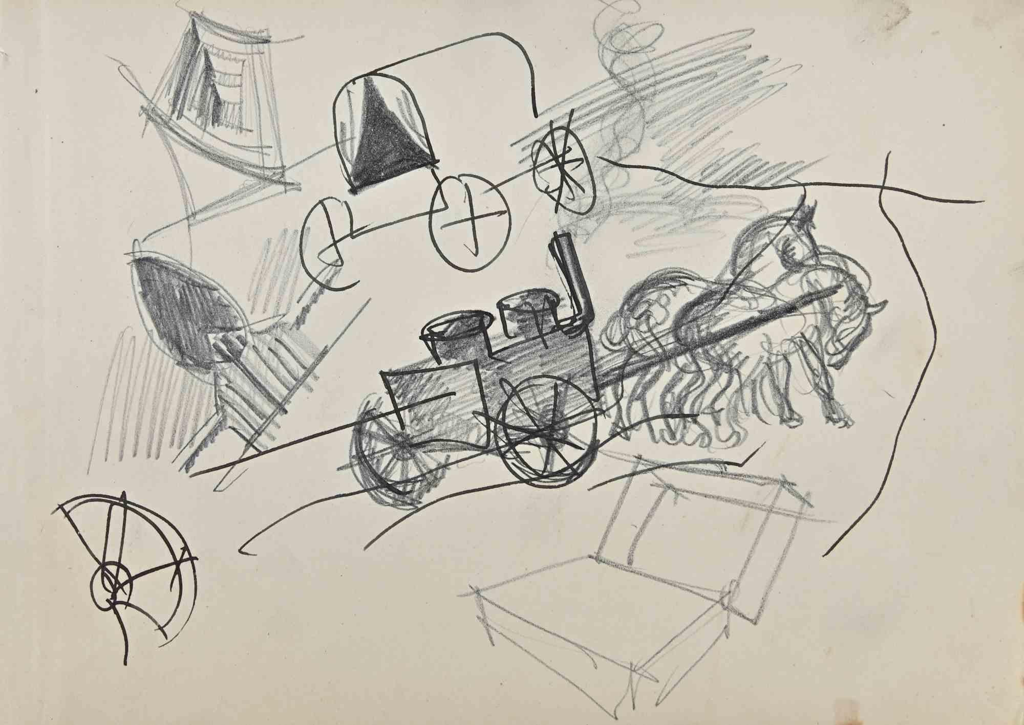 The Carriage - Pencil Drawing By Norbert Meyre - Mid 20th Century