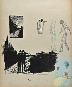 Les hommes sur le pont - Dessin au crayon de Norbert Meyre - Milieu du XXe siècle