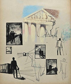 The Men in Frames and Temple - Drawing By Norbert Meyre - Mid 20th Century