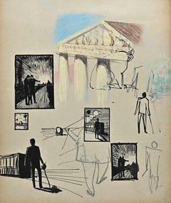 Gli uomini con le cornici e il tempio - Disegno di Norbert Meyre - Metà del XX secolo