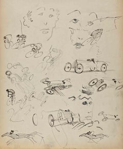 The Car and Bike Race - Drawing By Norbert Meyre - Mid 20th Century