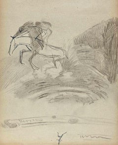 Il cavaliere a cavallo nel prato - Disegno di Norbert Meyre - Metà del XX secolo