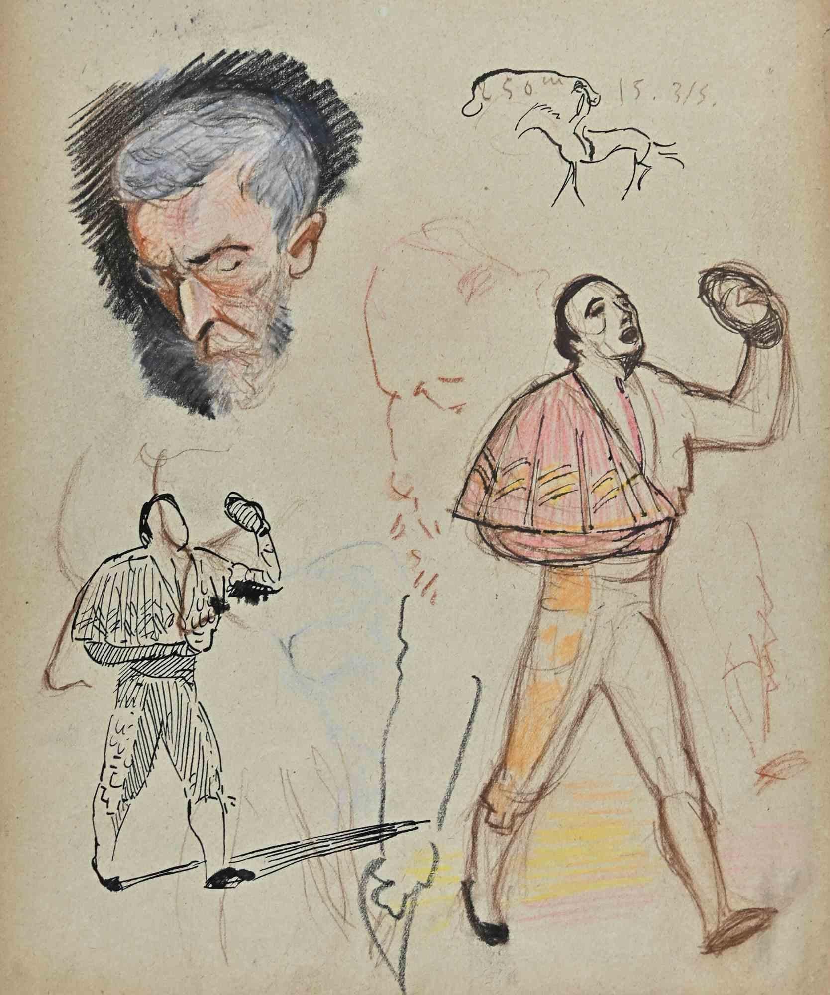Die Figurenskizzen - Zeichnung von Norbert Meyre - Mitte des 20. Jahrhunderts