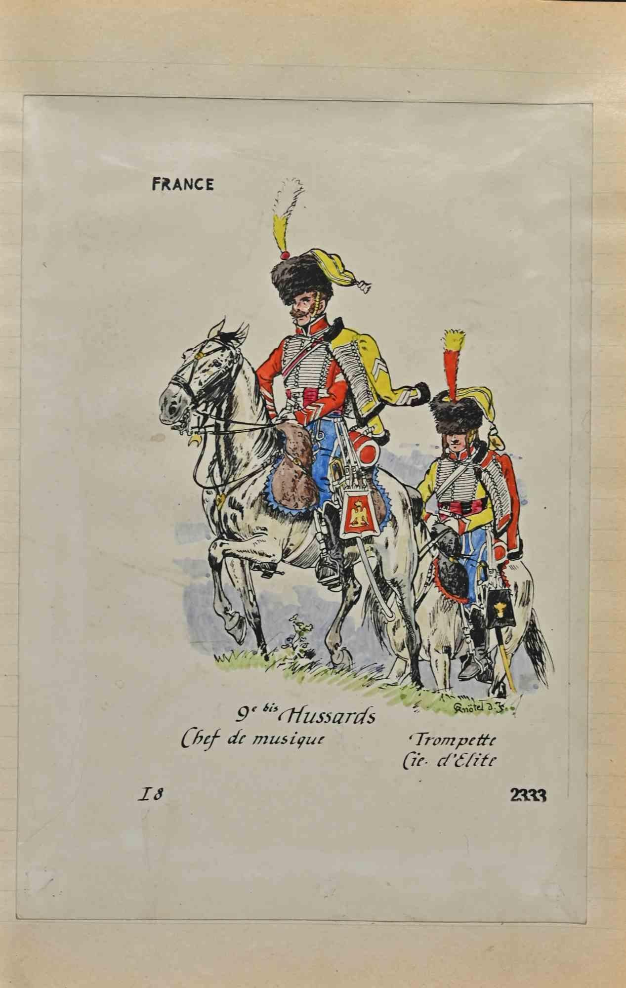 9e bis Hussards is an original drawing in ink and watercolor realized by Herbert Knotel in 1930/40s.

Good condition except for being aged.

Hand-signed.

The artwork is depicted through strong lines in well-balanced conditions.

Herbert Knotel was