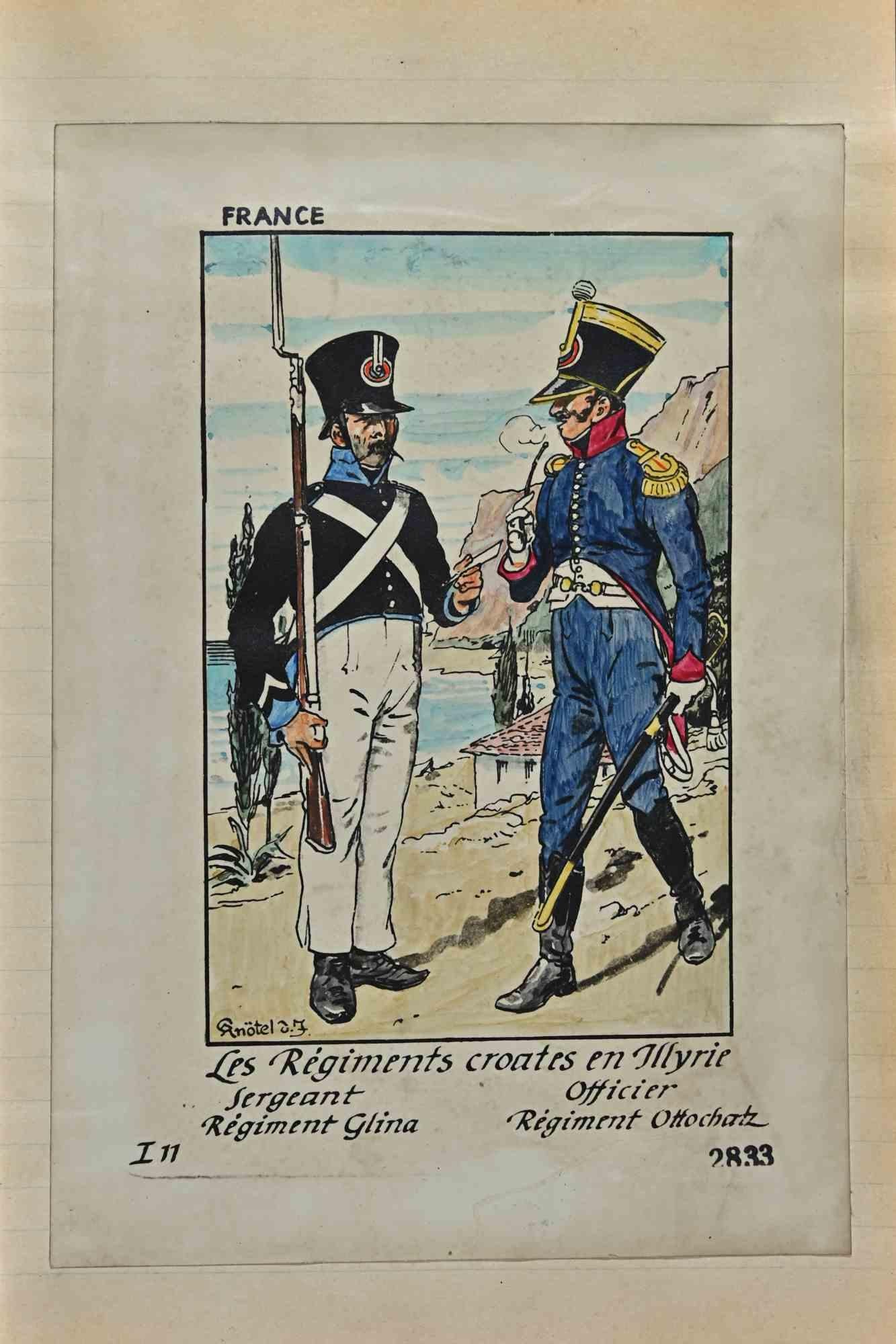 Les Regiments Croates en Illyrie ist eine Originalzeichnung in Tusche und Aquarell von Herbert Knotel aus den 1930/40er Jahren.

Guter Zustand, außer dass er gealtert ist.

Das Kunstwerk wird durch starke Linien in ausgewogenen Verhältnissen