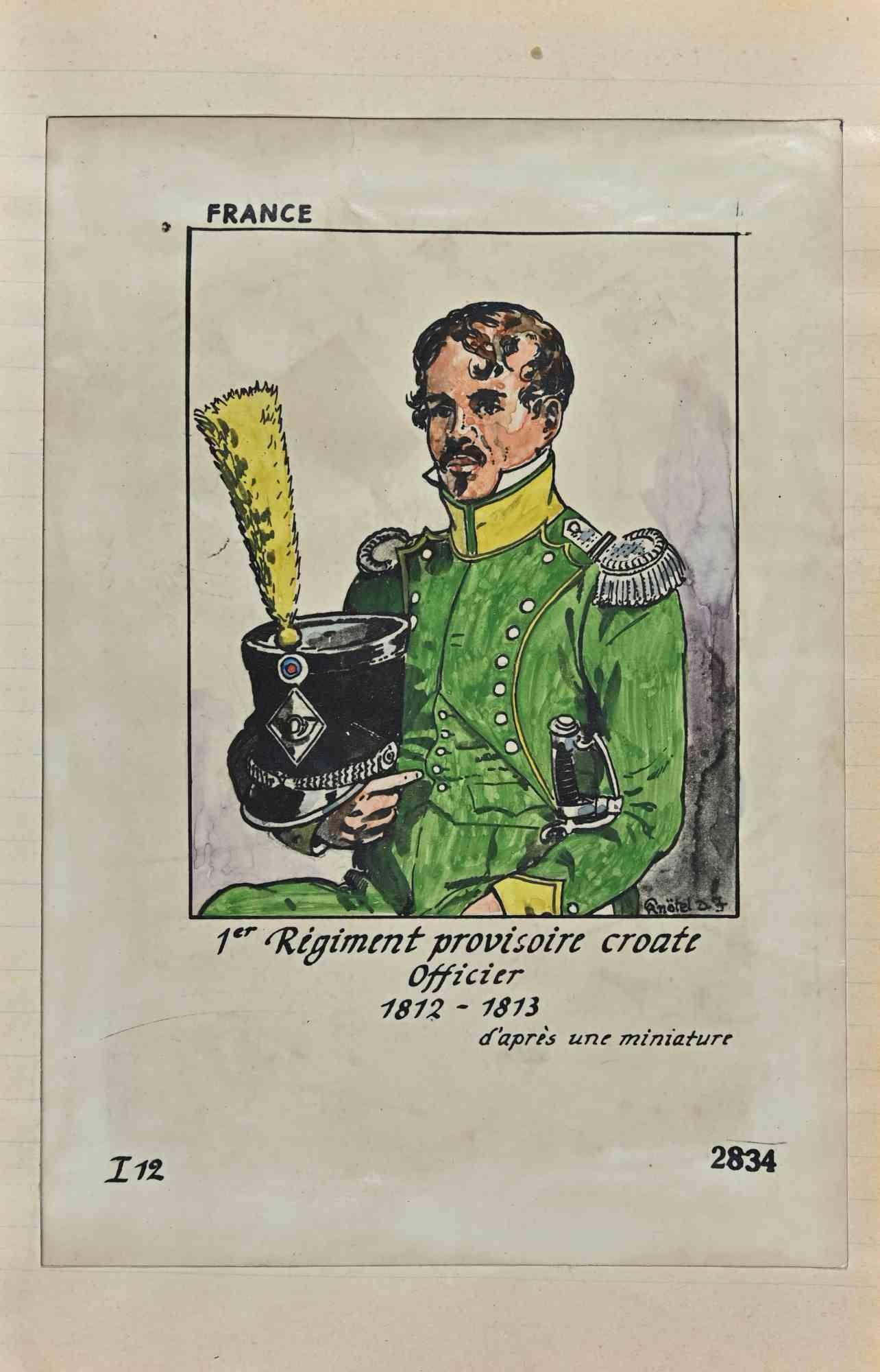 Regiment Provisoire Croate Officier ist eine Originalzeichnung in Tusche und Aquarell von Herbert Knotel aus den 1930/40er Jahren.

Guter Zustand, außer dass er gealtert ist.

Das Kunstwerk wird durch starke Linien in ausgewogenen Verhältnissen