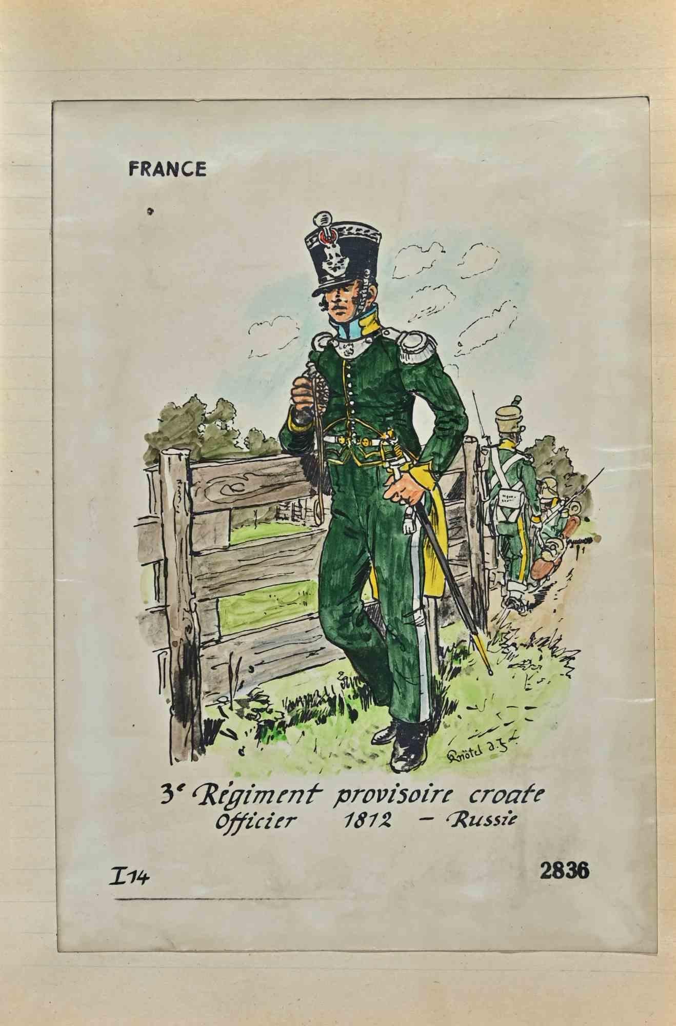 Regiment Provisoire Croate ist eine Originalzeichnung in Tusche und Aquarell von Herbert Knotel aus den 1930/40er Jahren.

Guter Zustand, außer dass er gealtert ist.

Das Kunstwerk wird durch starke Linien in ausgewogenen Verhältnissen