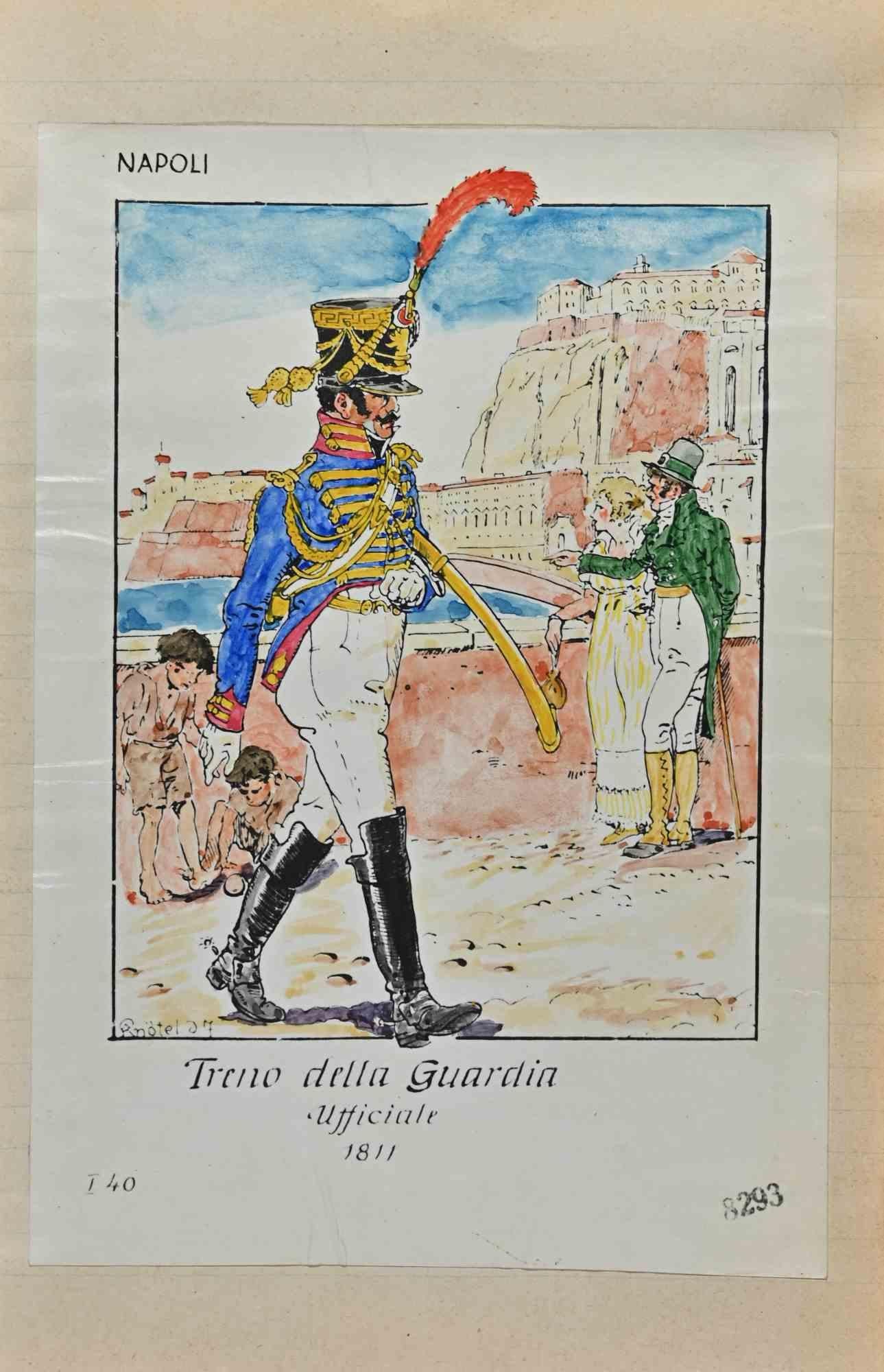 Treno della Guardia is an original drawing in ink and watercolor realized by Herbert Knotel in 1930/40s.

Good condition except for being aged.

The artwork is depicted through strong lines in well-balanced conditions.

Herbert Knotel was a german