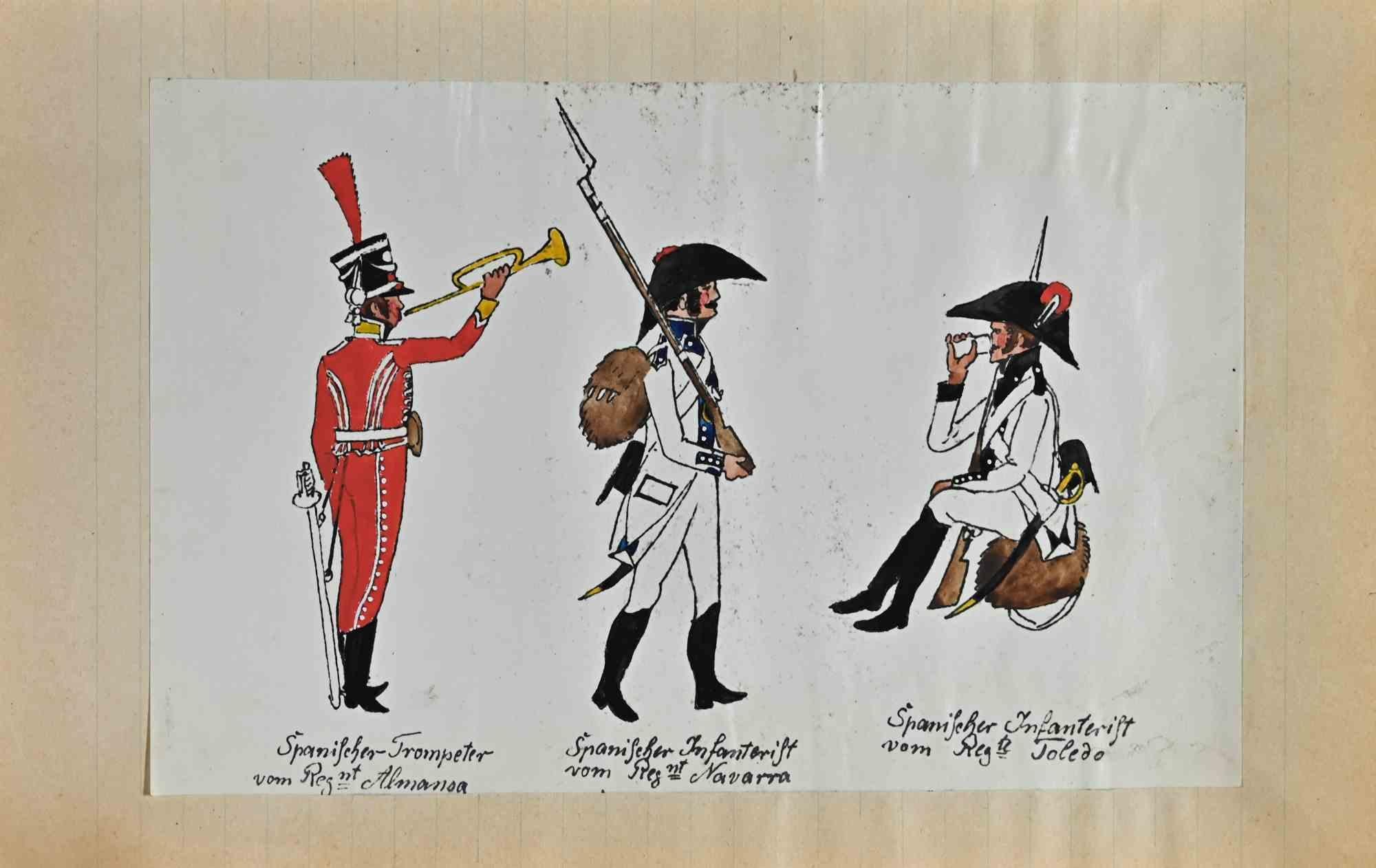 Des soldats espagnols - dessin original d'Herbert Knotel - années 1940