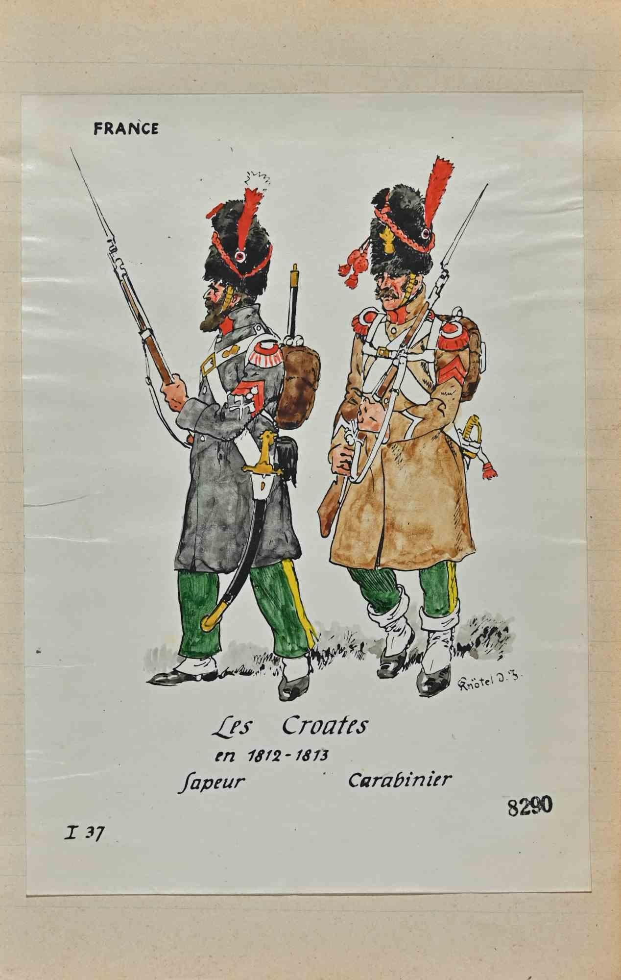 Les Croates ist eine Originalzeichnung in Tusche und Aquarell von Herbert Knotel aus den 1930/40er Jahren.

Guter Zustand mit Ausnahme des Alters.

Das Kunstwerk wird durch starke Linien in ausgewogenen Verhältnissen dargestellt.

Herbert Knotel war