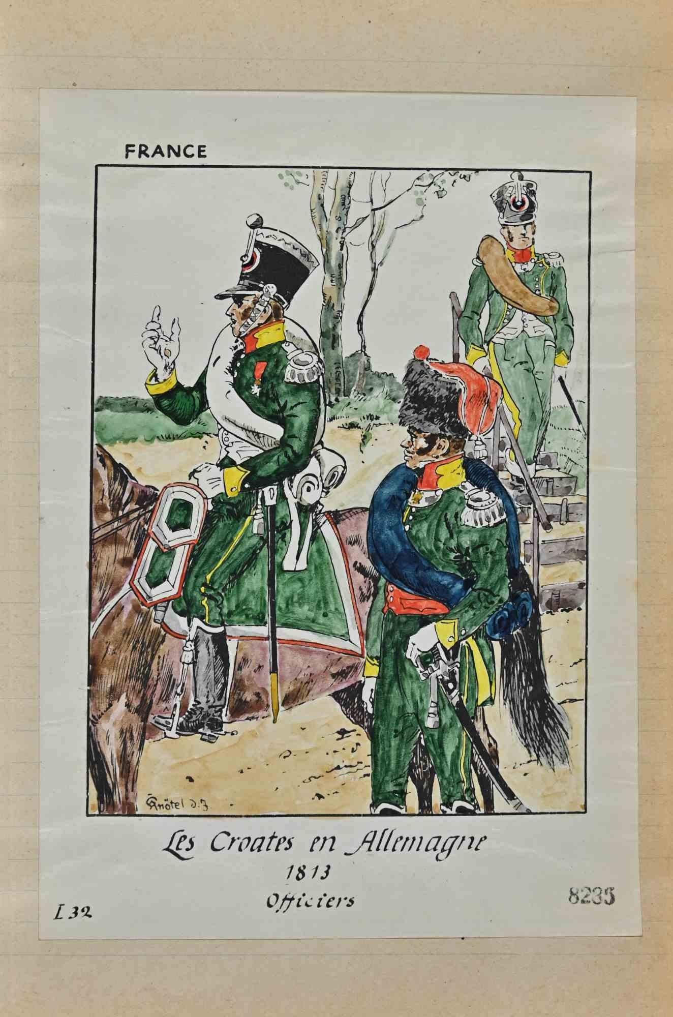 Le Croates en Allemagne is an original drawing in ink and watercolor realized by Herbert Knotel in 1930/40s.

Good condition except for being aged.

The artwork is depicted through strong lines in well-balanced conditions.

Herbert Knotel was a