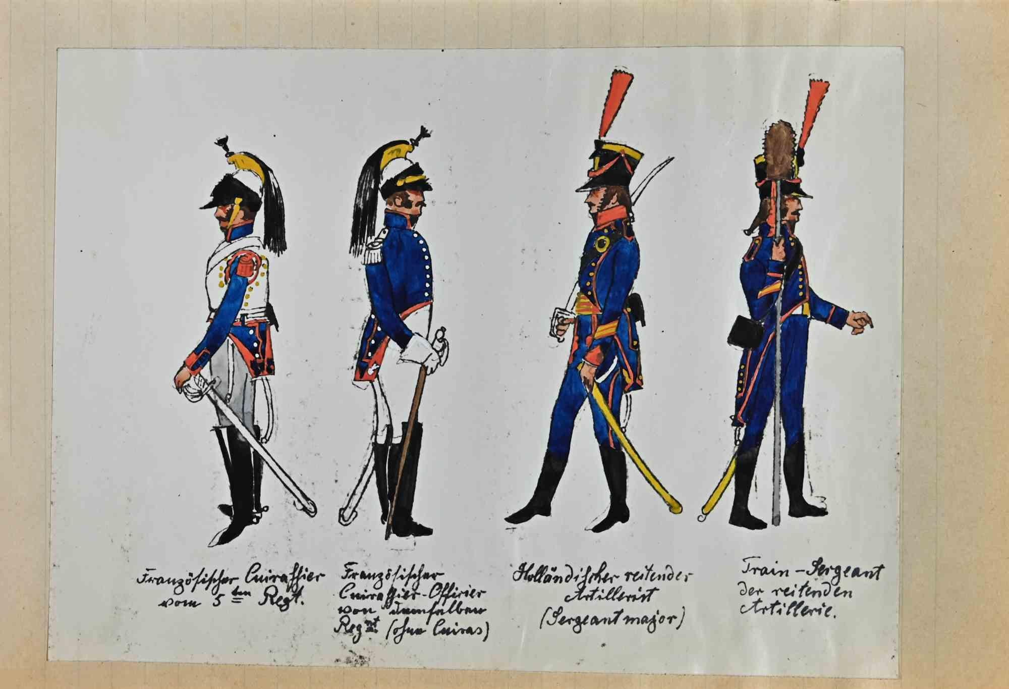 Französische und niederländische Soldaten – Originalzeichnung von Herbert Knotel – 1940er Jahre