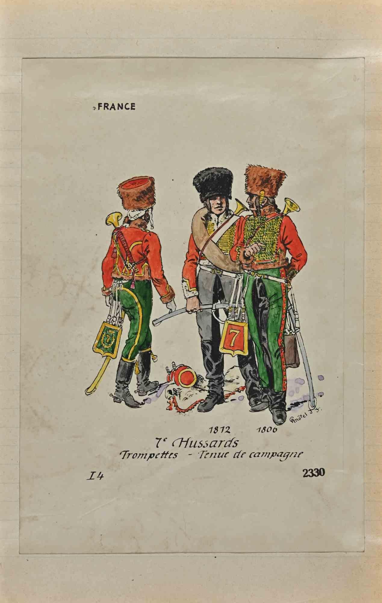 7e Hussards is an original drawing in ink and watercolor realized by Herbert Knotel in 1930/40s.

Good condition except for being aged.

Hand-signed.

The artwork is depicted through strong lines in well-balanced conditions.

Herbert Knotel was a