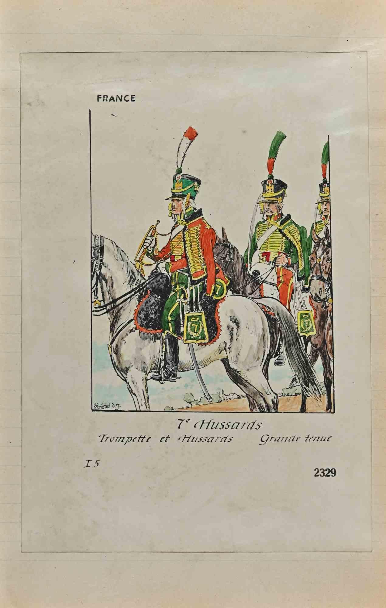 7e Hussards - Drawing par Herbert Knotel - Années 1940
