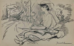 Femme - Drawing au fusain de Pierre Georges Jeanniot - Début du XXe siècle