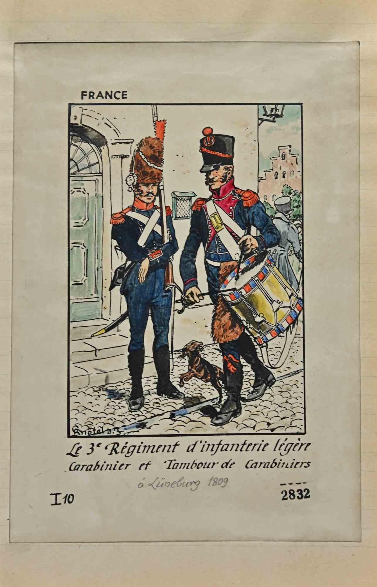 Le 3e régiment d'infanterie légère ist eine Originalzeichnung in Tusche und Aquarell von Herbert Knotel aus den 1930/40er Jahren.

Guter Zustand, außer dass er gealtert ist.

Handsigniert.

Das Kunstwerk wird durch starke Linien in ausgewogenen