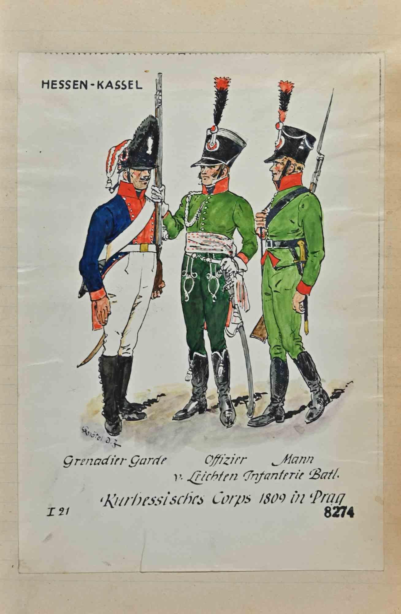 Kurhessisches Corps is an original drawing in ink and watercolor realized by Herbert Knotel in 1930/40s.

Good condition except for being aged.

Hand-signed.

The artwork is depicted through strong lines in well-balanced conditions.

Herbert Knotel