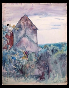 Aquarelle d'origine de l'église champêtre - Jean Chapin - 1917