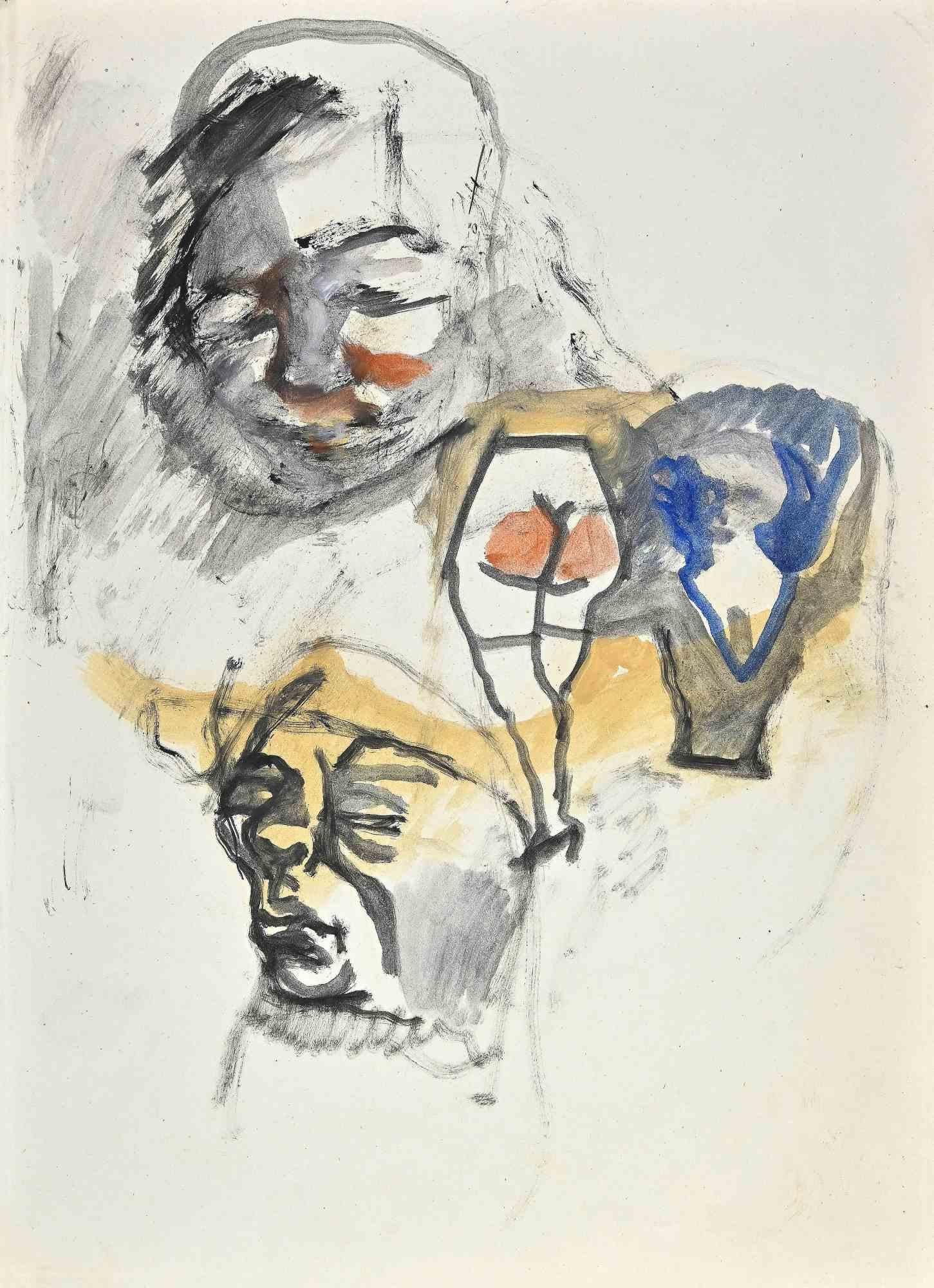 The Faces  - Drawing by Mino Maccari - Mid-20th Century