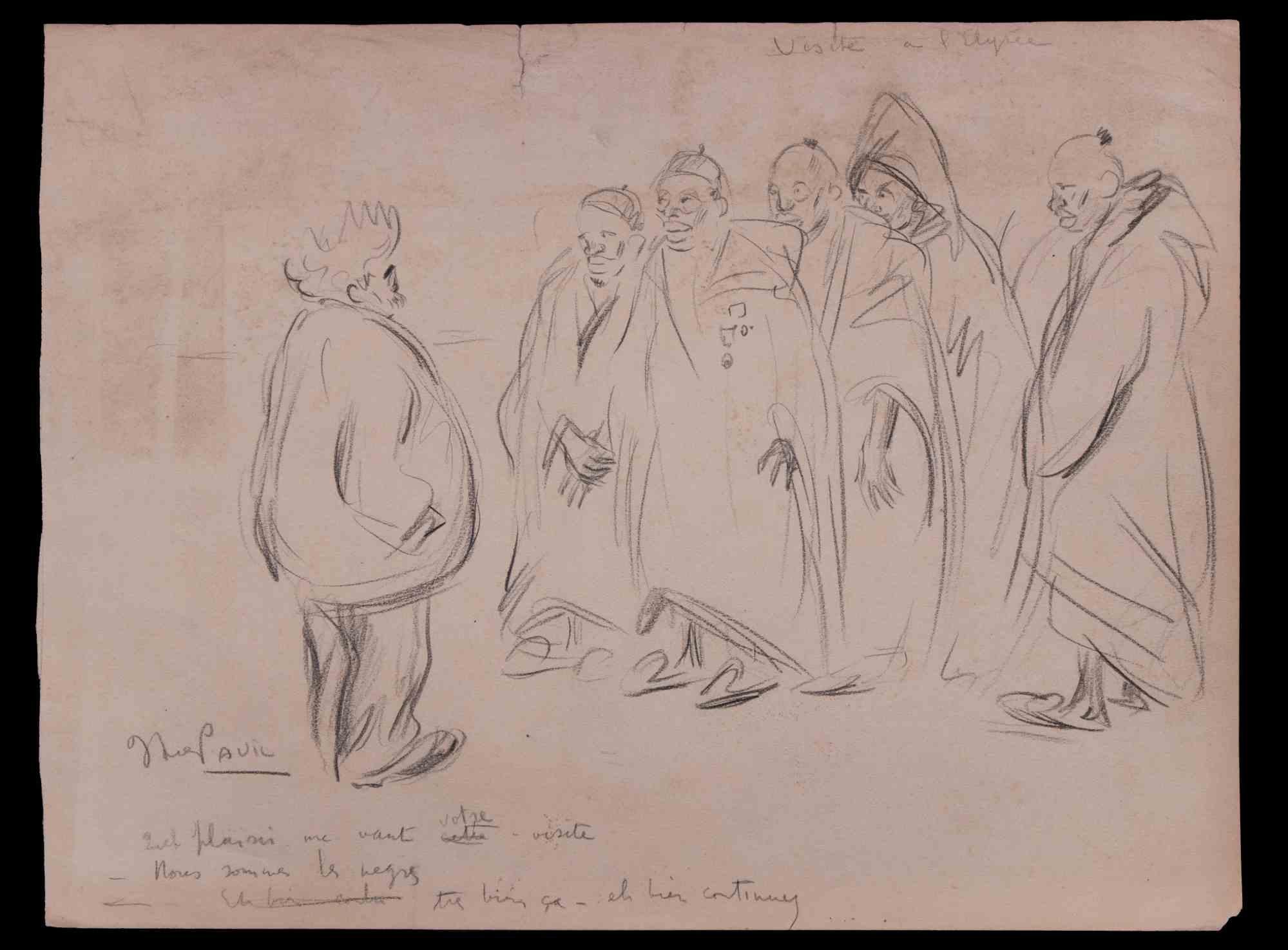 Visite a l'Elysée - Original drawing by Elie Anatole Pavil - Early 20th Century