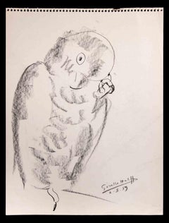 Vogel – Original anthrazitfarbene Zeichnung von Giselle Halff – 1959