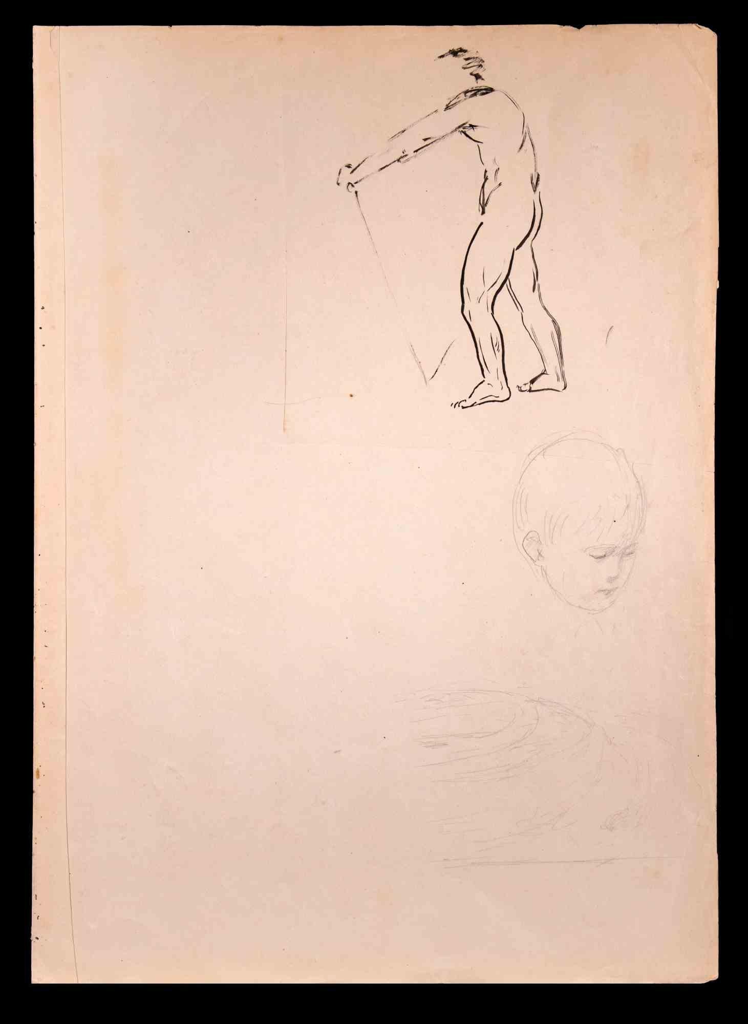 The Sketch - Drawing in pencil and China ink By Norbert Meyre - Mid 20th Century