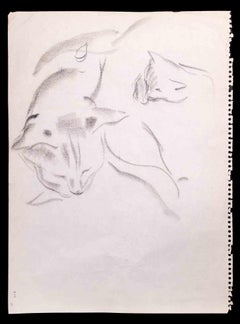 Sleeping Cat - Original Pencil Drawing by Giselle Halff - 1965