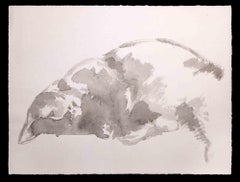 Sleeping Cat - Original Watercolor by Giselle Halff - Mid-20th Century