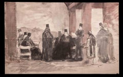 The Assembly - Original Drawing By Edouard Dufeu - Late 19th Century
