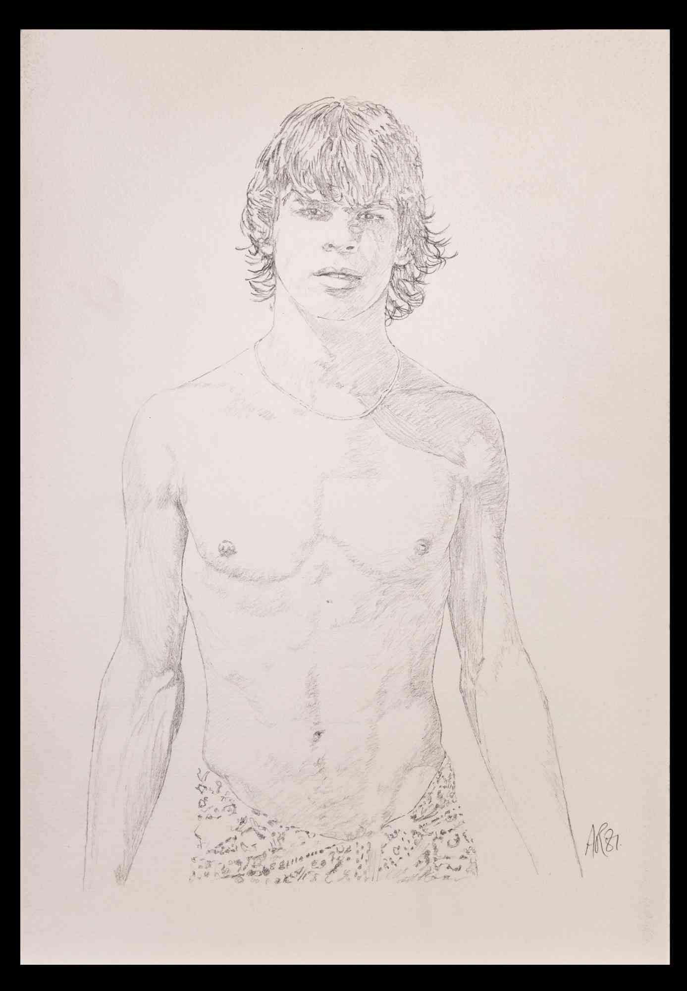 Porträt eines Jungen - Originalzeichnung von Anthony Roaland - 1981