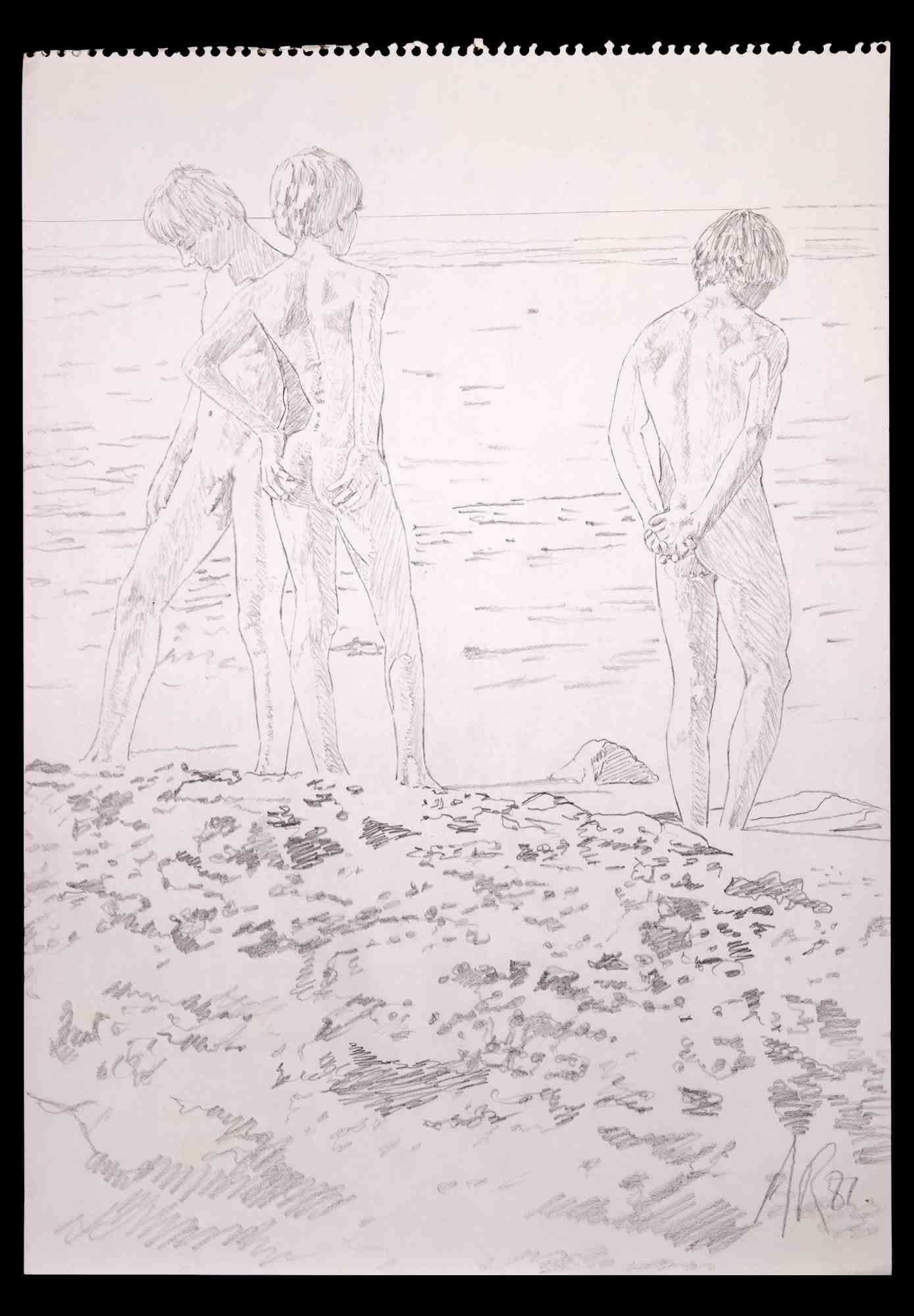 Les jeunes garçons à la plage - dessin original d'Anthony Roaland - 1982