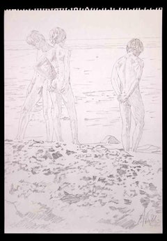 Teens at the Beach - Original Drawing by Anthony Roaland - 1982