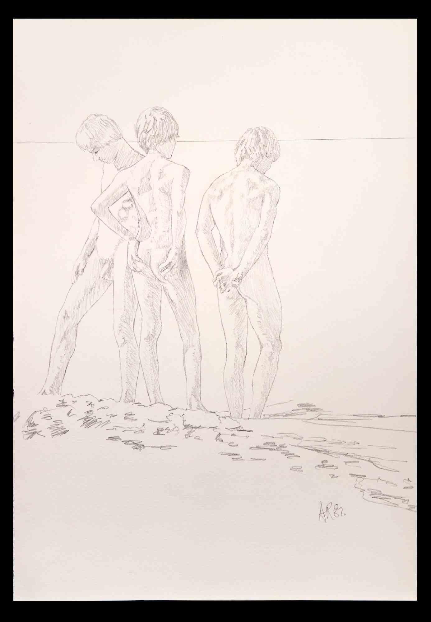  Teens at the beach  is an original drawing on pencil realized by Anthony Roaland in 1982. Hand-signed and dated by the artist on the lower right margin. 

The three boys are represented with a harmonious style.

Good conditions.
