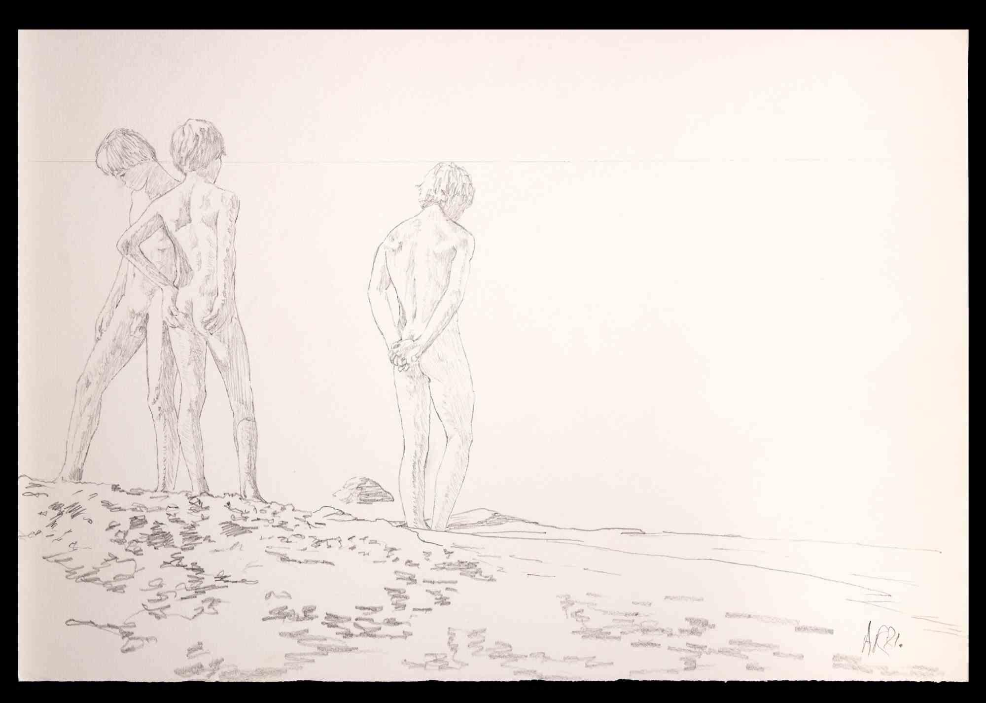 Teens at the beach   is an original drawing on pencil realized by Anthony Roaland in 1981. Hand-signed and dated by the artist on the lower right margin. 

The artwork represents fresh and beautiful nude male figures .

Good conditions.