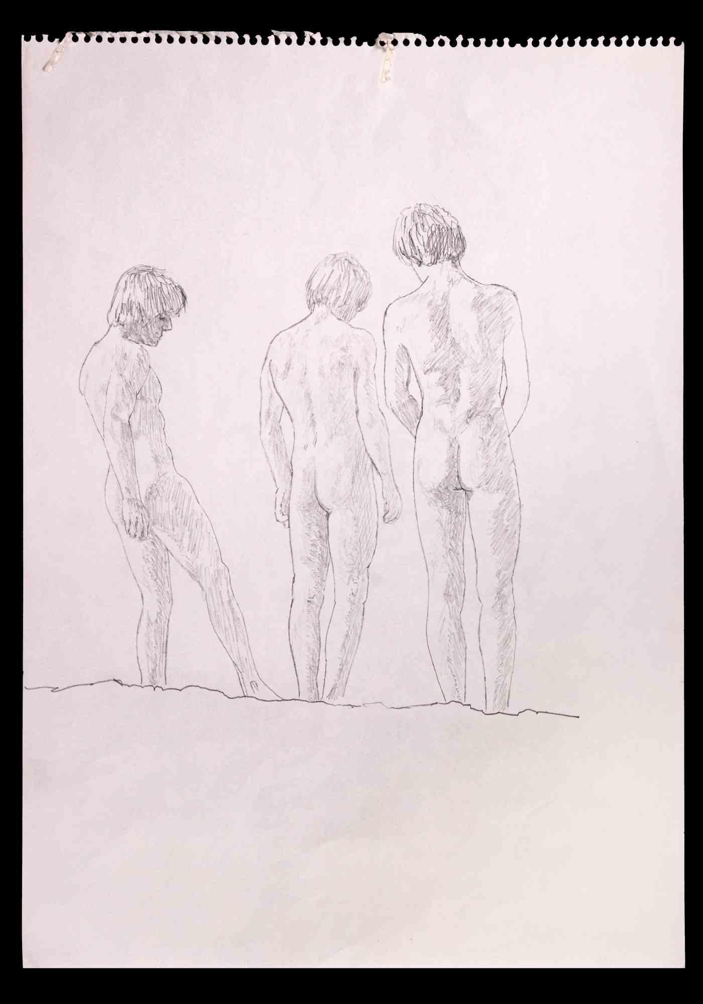 Three boys  is an original drawing on pencil realized by Anthony Roaland.

In the foreground the threefigures are depicted with a delicate and harmonious style.

Good conditions.
