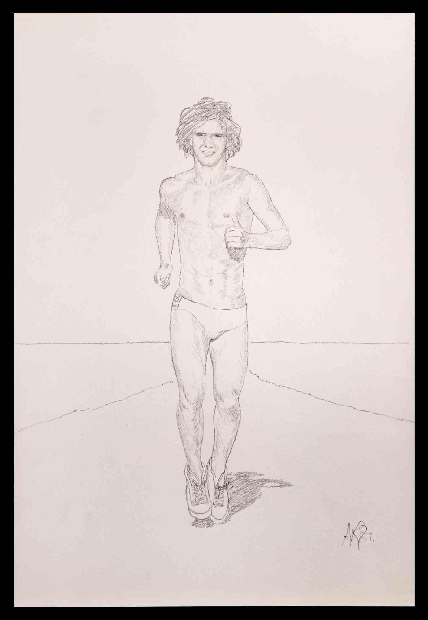 The Running Man ist eine Originalzeichnung mit Bleistift von Anthony Roaland aus dem Jahr 1981. Handsigniert und datiert vom Künstler am unteren rechten Rand. 

Das Kunstwerk stellt einen frischen und schönen männlichen Akt dar. Die Landschaft