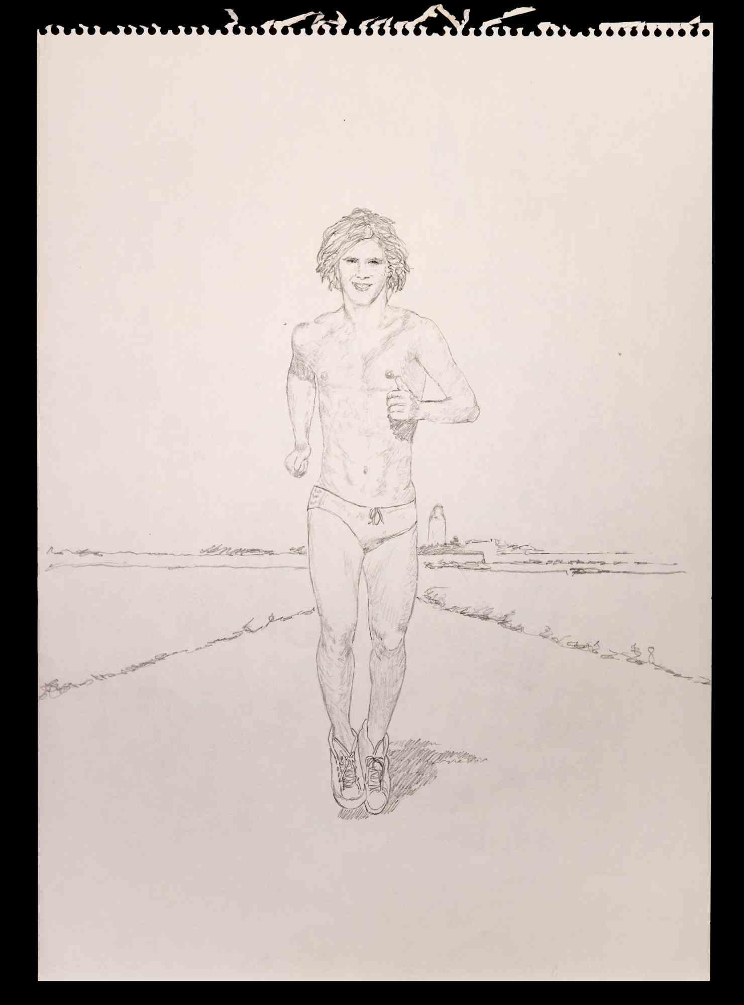 The Running Man is an original drawing in pencil realized by Anthony Roaland.

The artwork represents a fresh and beautiful nude male. Behind the landscape is depicted with simple and essential lines.

Good conditions.