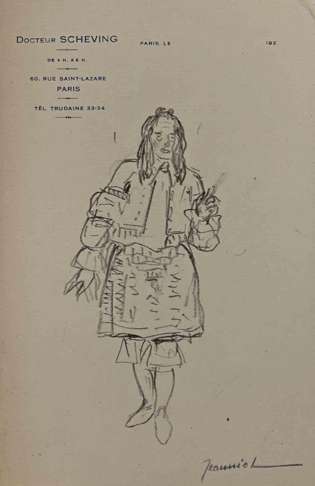Mann im Kostüm ist eine Originalzeichnung auf Papier des Malers Pierre Georges Jeanniot (1848-1934).

Zeichnen mit Bleistift.

Handsigniert auf der Unterseite.

Guter Zustand, außer dass er gealtert ist.

Das Kunstwerk wird durch geschickte und