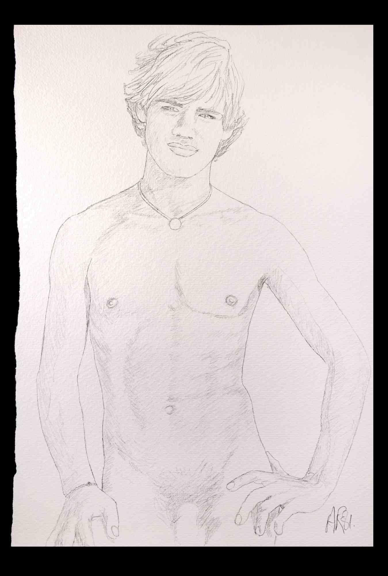Portrait of a boy  is an original drawing on pencil realized by Anthony Roaland in 1981. Hand-signed and dated by the artist on the lower right margin. 

The artwork represents a fresh and beautiful nude male portrait .

Good conditions.