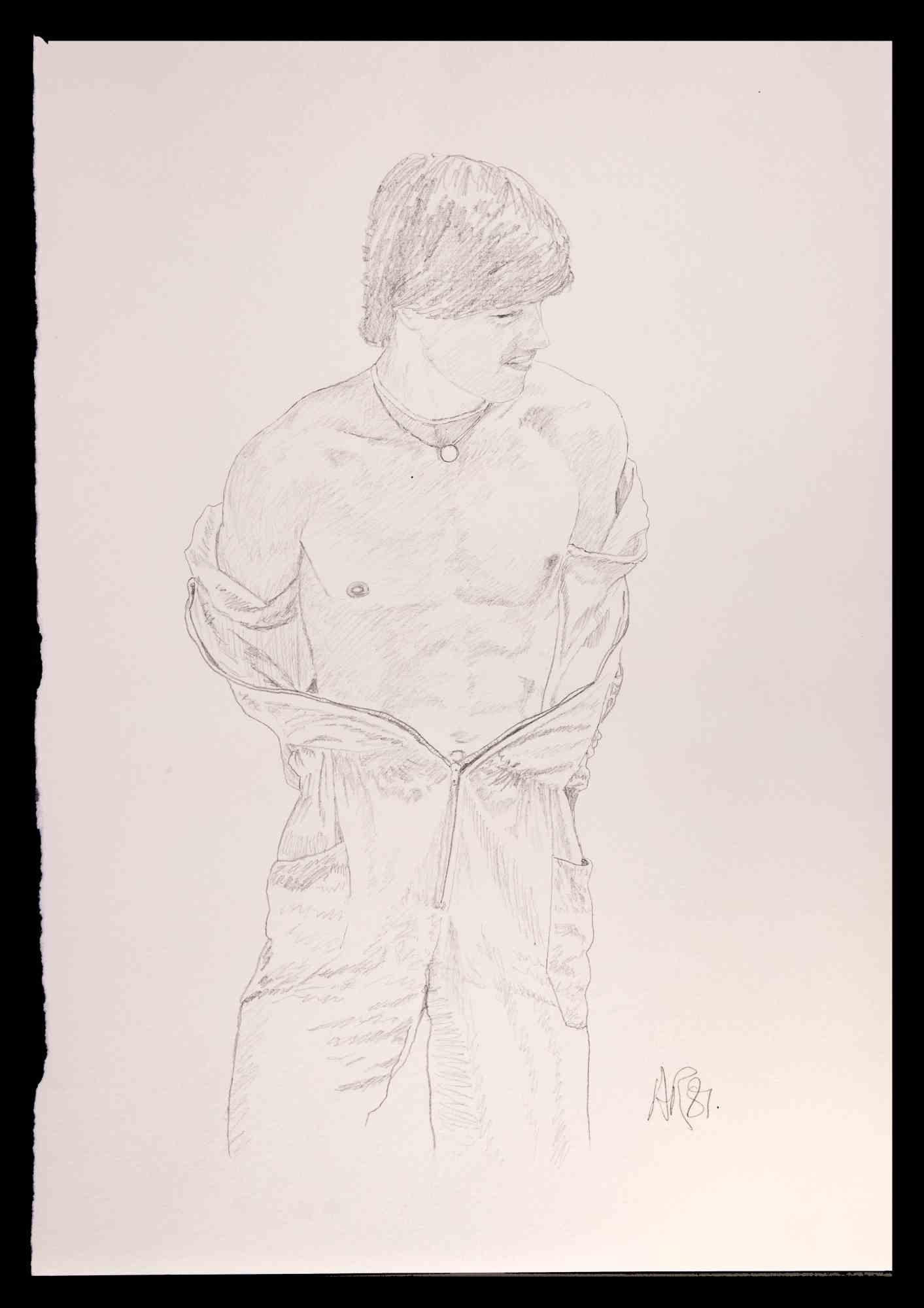 Portrait of a boy  is an original drawing on pencil realized by Anthony Roaland in 1981. Hand-signed and dated by the artist on the lower right margin. 

The artwork represents a fresh and beautiful male portrait .

Good conditions.
