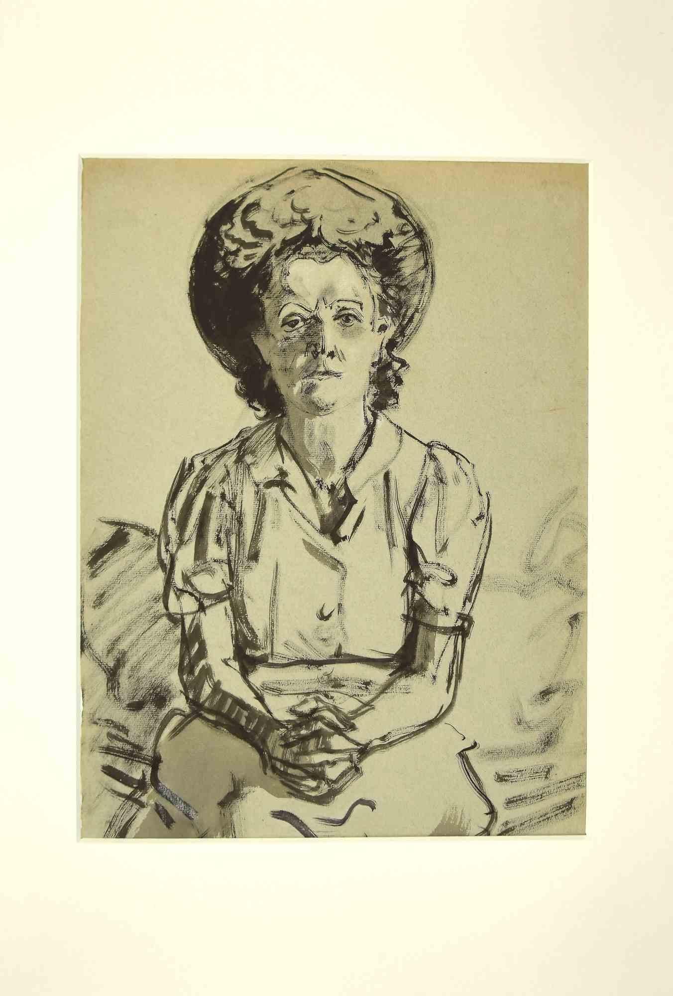 Portrait di Unknown - Ritratto di donna - Disegno originale - 1950