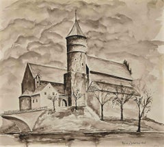 Landschaft - Original Tinte und Aquarell von Alfred Sobottka - 1948