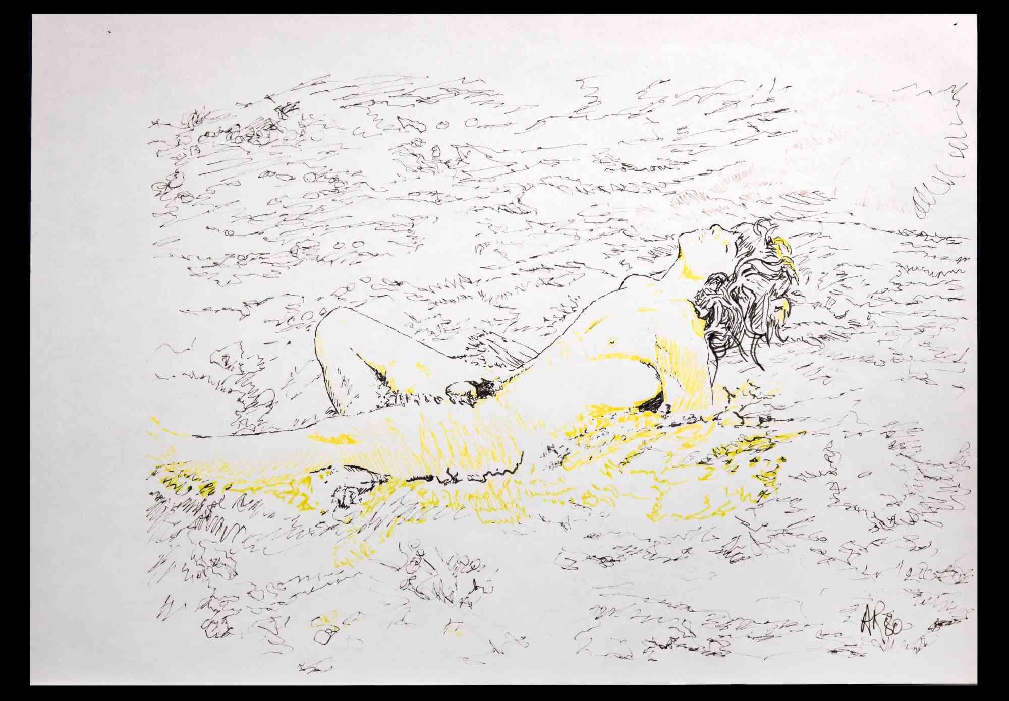 Mann liegend ist eine Originalzeichnung von Anthony Roaland aus dem Jahr 1980. Vom Künstler am rechten unteren Rand handsigniert und datiert. 

Im Vordergrund ist die Figur in einem zarten und frischen Stil dargestellt.

Gute Bedingungen.