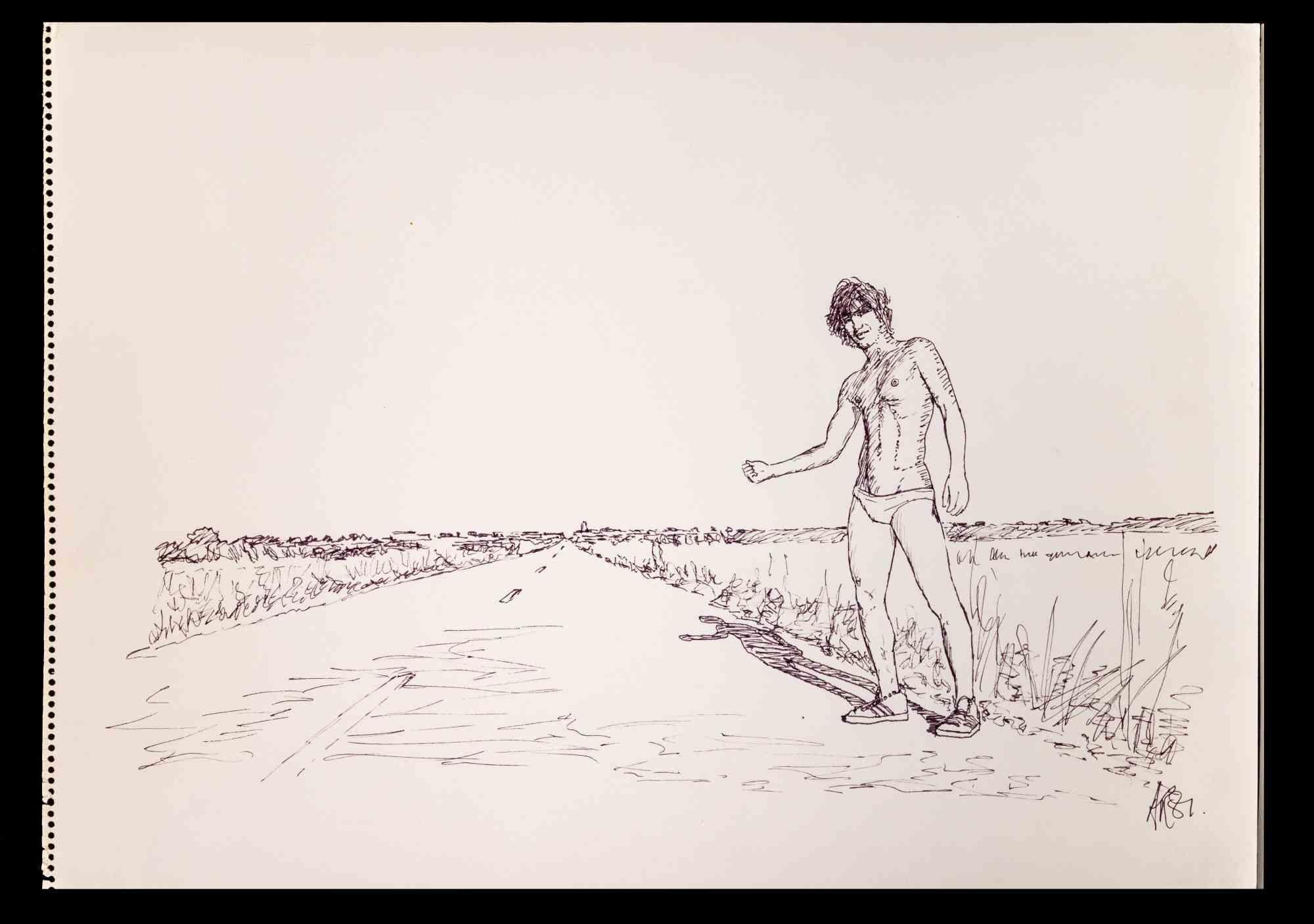 Man on the Road  - Original Drawing by Anthony Roaland - 1981