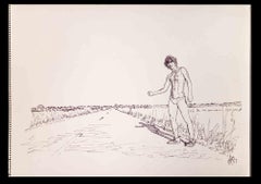 Vintage Man on the Road  - Original Drawing by Anthony Roaland - 1981