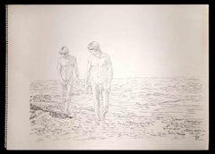 Two Friends Walking on the Beach - Original Drawing by Anthony Roaland - 1981