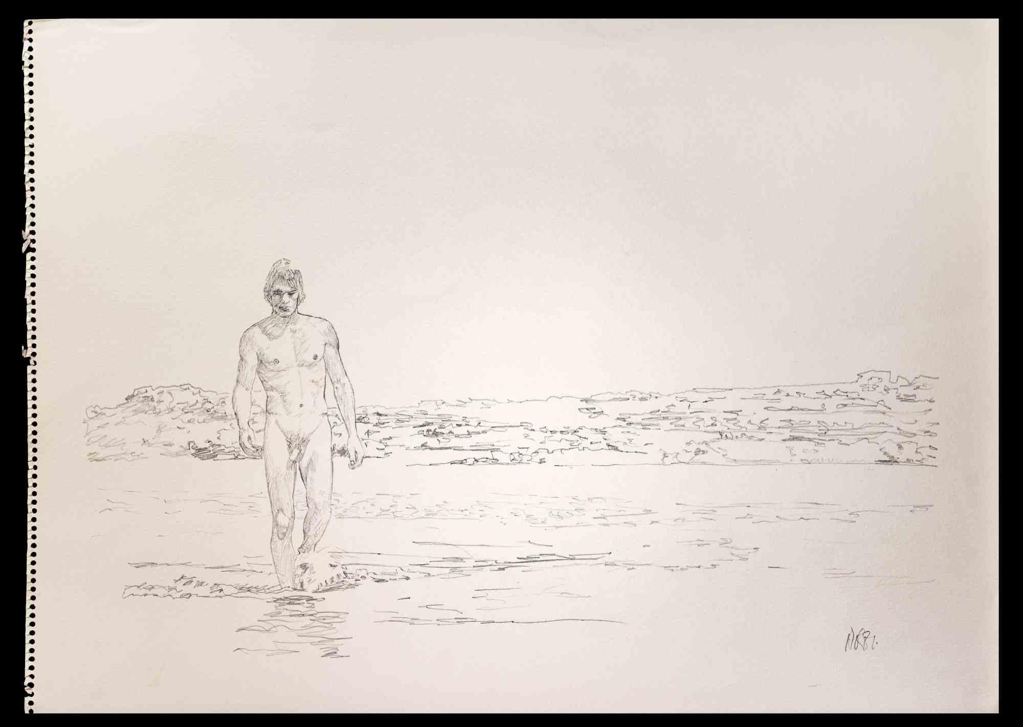 Der Mann, der am Strand spazieren geht, ist eine Originalzeichnung mit Bleistift von Anthony Roaland aus dem Jahr 1981. Vom Künstler am rechten unteren Rand handsigniert und datiert. 

Das Kunstwerk stellt eine frische und schöne nackte männliche