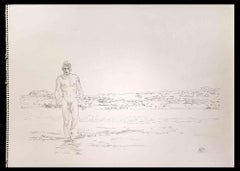 Used Man Walking on the Beach - Original Drawing by Anthony Roaland - 1981